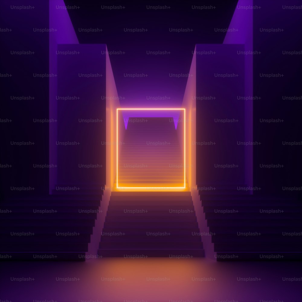 3d render, abstract modern minimal violet background, yellow neon light glowing square, blank rectangular frame. Empty staircase perspective, architectural portal entrance. Futuristic urban concept