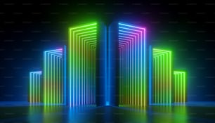 3D-Rendering, abstrakter bunter Neonhintergrund, leere Boxen mit grüner, blauer, rosafarbener Lichtbeleuchtung im Inneren.