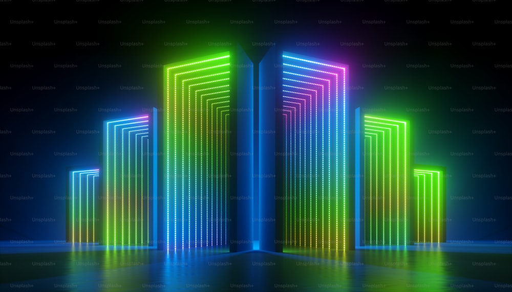 3d render, abstract colorful neon background, empty boxes with green blue pink light illumination inside.