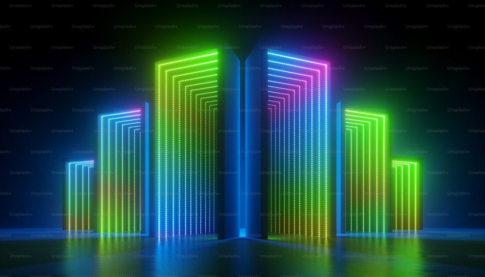 3d render, abstract colorful neon background, empty boxes with green blue pink light illumination inside.