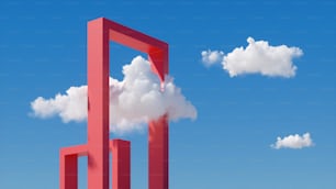 3Dレンダリング、晴れた日の抽象的なファンタジー雲の風景、青い空の赤い門の下に白い雲が飛ぶ。スクエアポータル構築。最小限の超現実的な夢のコンセプト
