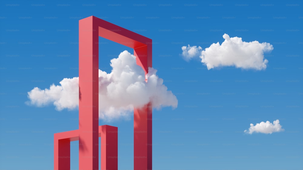 Renderização 3D, fantasia abstrata de nuvens em um dia ensolarado, nuvens brancas voam sob os portões vermelhos no céu azul. Construção de portal quadrado. Conceito de sonho surreal mínimo