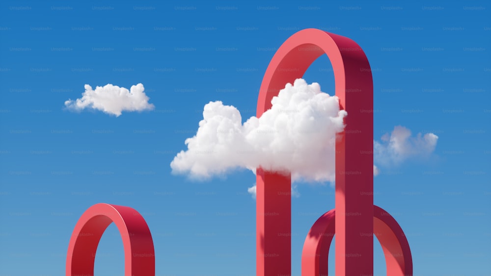 3Dレンダリング、晴れた日の抽象的なファンタジー雲の風景、青い空の丸いアーチの下に白い雲が浮かぶ。赤いポータルゲート。最小限の超現実的な夢のコンセプト
