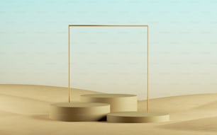 3D-Rendering, abstrakter Wüstenhintergrund mit minimalen freien Sockeln, goldener quadratischer Rahmen. Vitrine mit Raum für Produktpräsentation.