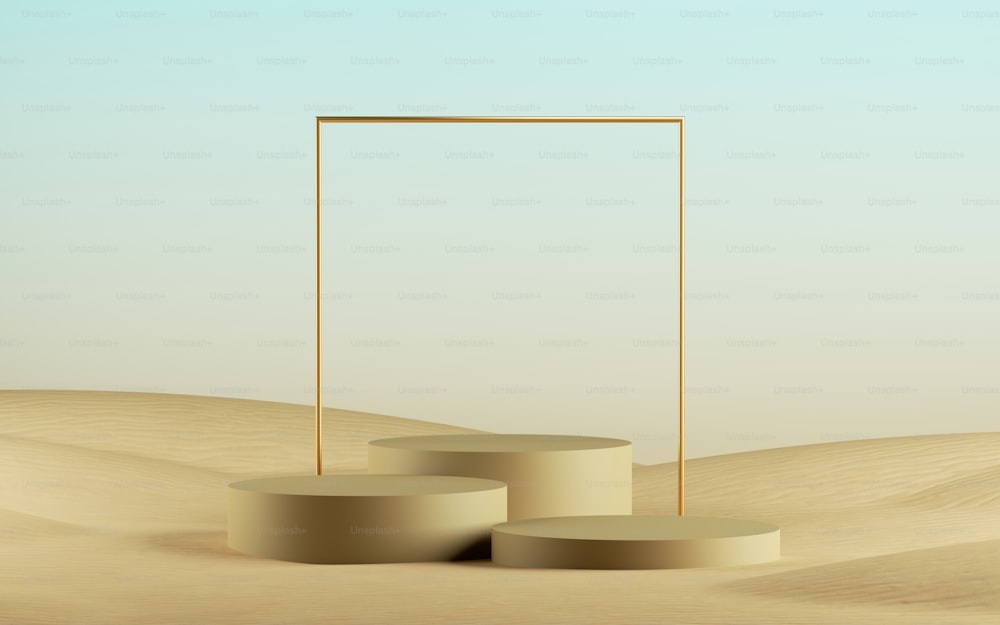 Render 3D, fondo abstracto del desierto con pedestales vacíos mínimos, marco cuadrado dorado. Escaparate con espacio para presentación de productos.