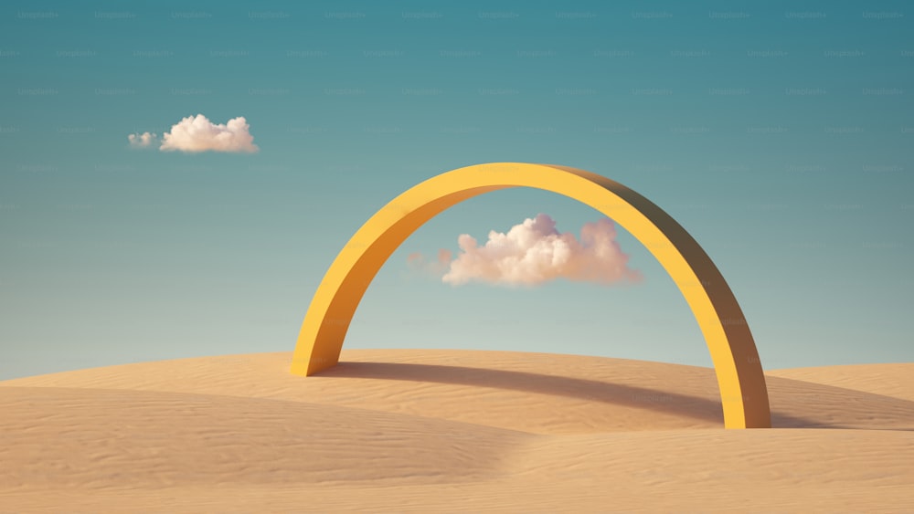 Renderizado 3d, paisaje desértico surrealista con arco amarillo y nubes blancas en el cielo azul en un día soleado. Fondo abstracto minimalista moderno