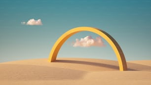 3d 렌더링, 화창한 날 푸른 하늘에 노란색 아치와 흰 구름이 있는 초현실적인 사막 풍경. 현대 미니멀 추상 배경