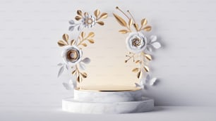 3D-Rendering, weißer Hintergrund mit Blumenbogen und leerer Marmorbühne. Blanko-Vitrine zur Produktpräsentation mit Papierblumen verziert