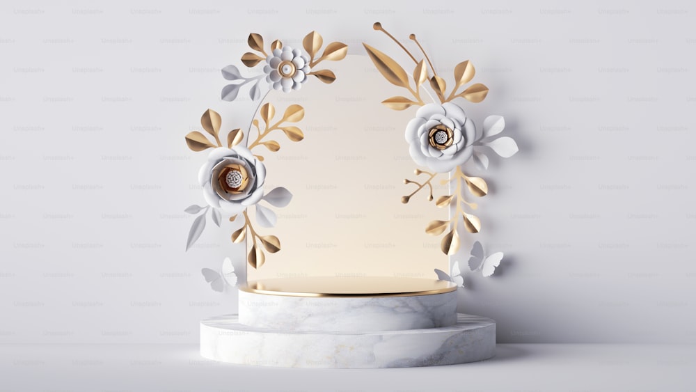 3d render, white background with floral arch and empty marble stage. Blank showcase for product presentation decorated with paper flowers