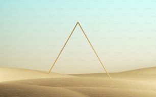 3Dレンダリング、抽象的なモダンな最小限の背景に空白の三角形のフレーム、原始的な幾何学的形状、砂丘を持つ砂漠の風景