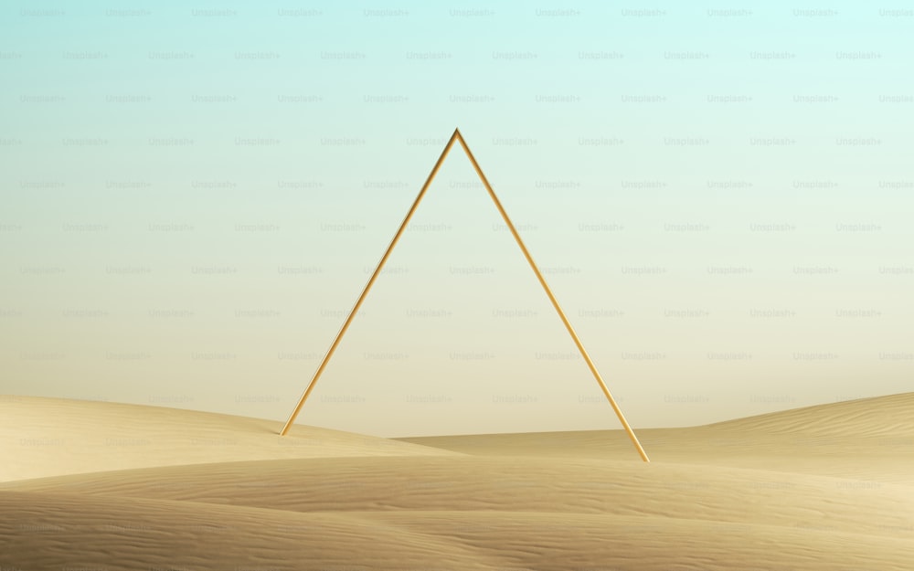 3d render, abstract modern minimal background with blank triangular frame, primitive geometric shape, desert landscape with sand dunes
