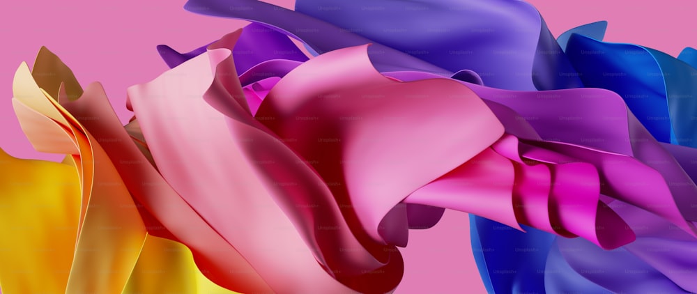 3D-Rendering, abstrakter farbiger Hintergrund mit fallenden kurvigen Textilbändern und schwebenden Papierschichten, Modetapete