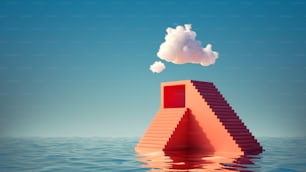 3d render, Surreal seascape. White clouds in the blue sky above the red pyramid with steps. Modern minimal abstract background with geometric shape and water. Challenge concept, business metaphor