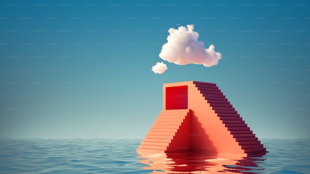 3Dレンダリング、シュールな海景。階段のある赤いピラミッドの上の青い空に白い雲。幾何学的な形と水を持つ現代の最小限の抽象的背景。チャレンジコンセプト、ビジネスメタファー
