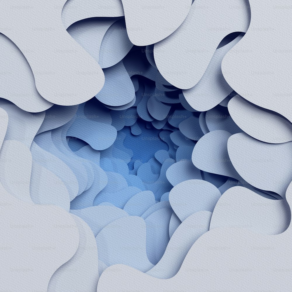 Rendu 3D, arrière-plan abstrait en couches, trou de papier découpé, formes bleues blanches