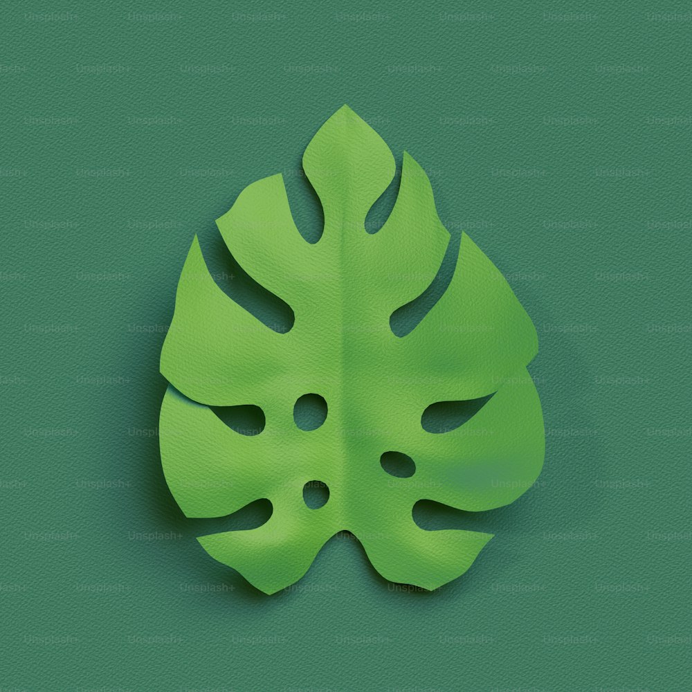 Renderizado 3D, decoración cortada en papel, hoja tropical verde, elemento de clip art botánico aislado