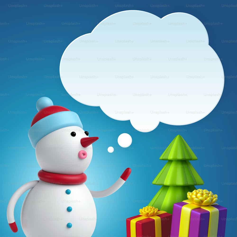 3d render, 3d illustration, snowman talking balloon, message board, Christmas greeting card, festive template