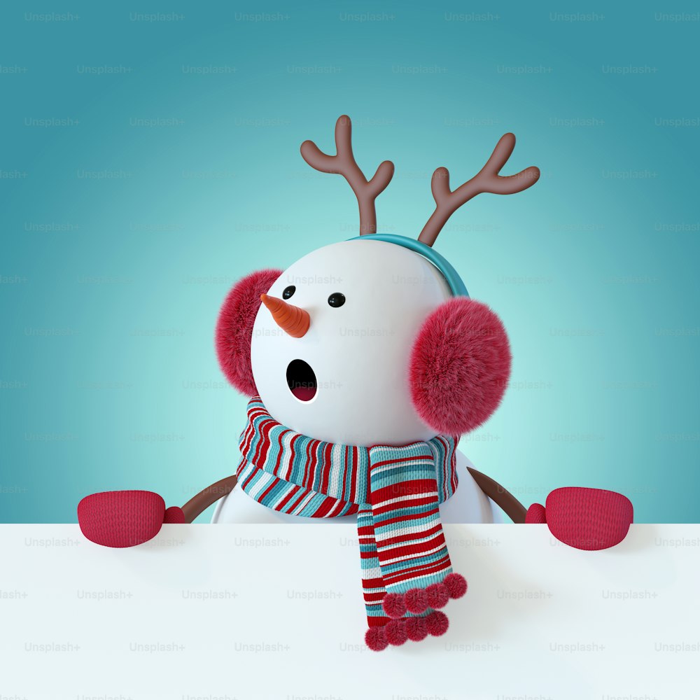 render 3d, personagem de boneco de neve de Natal, espantado, fones de ouvido peludos, chifre de rena, cachecol, banner em branco, modelo de cartão de felicitações, espaço para texto, clip-art de férias de inverno, brinquedo engraçado, ilustração