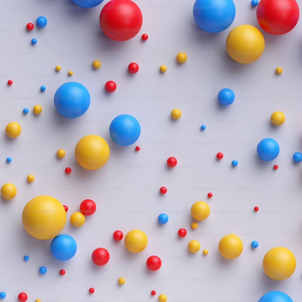 renderização 3d, bolas coloridas abstratas, contas, doces, pílulas, cores mistas amarelas azuis vermelhas, isoladas no fundo branco