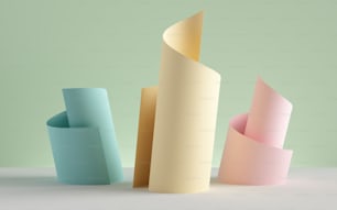 3d render, paper ribbon rolls, abstract shapes, pastel fashion background, swirl, scroll, curl, spiral, cylinder