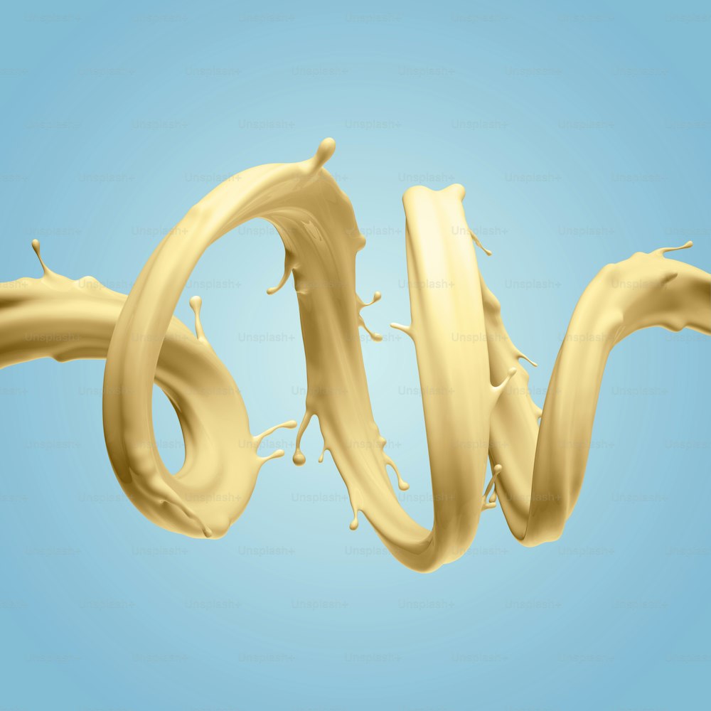 3d render, yellow twisted splashing jet isolated on blue background, liquid splash, abstract shape, pastel color paint