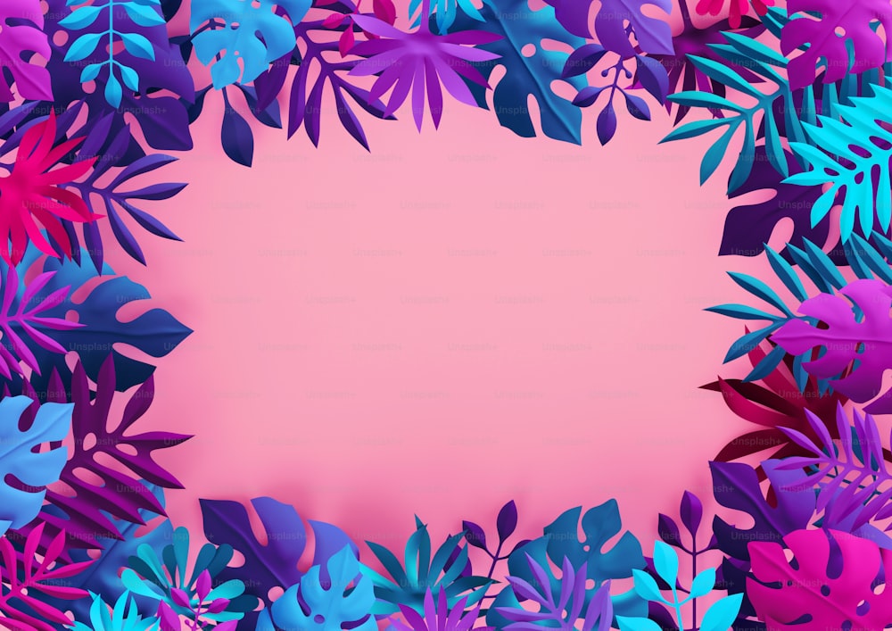 3Dレンダリング、ネオンピンクの青い熱帯の背景、カラフルな紙の葉、ジャングルフレーム、空白のバナー、テキスト用のスペース