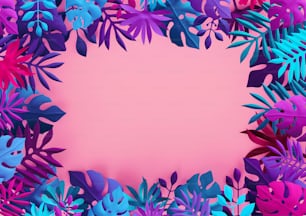 Renderizado 3D, fondo tropical azul rosa neón, hojas de papel coloridas, marco de la selva, banner en blanco, espacio para texto