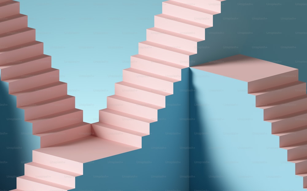 3D-Rendering, abstrakter Hintergrund mit Stufen und Treppe, in rosa und blauen Pastellfarben. Architektonische Gestaltungselemente.