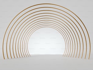 Renderização 3D, fundo geométrico art déco minimalista abstrato. Linhas de arco douradas isoladas, vista vazia da perspectiva do corredor. Quadro redondo em branco com espaço de cópia