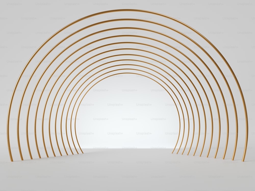 3d render, abstract minimal art deco geometric background. Isolated golden arc lines, empty corridor perspective view. Blank round frame with copy space