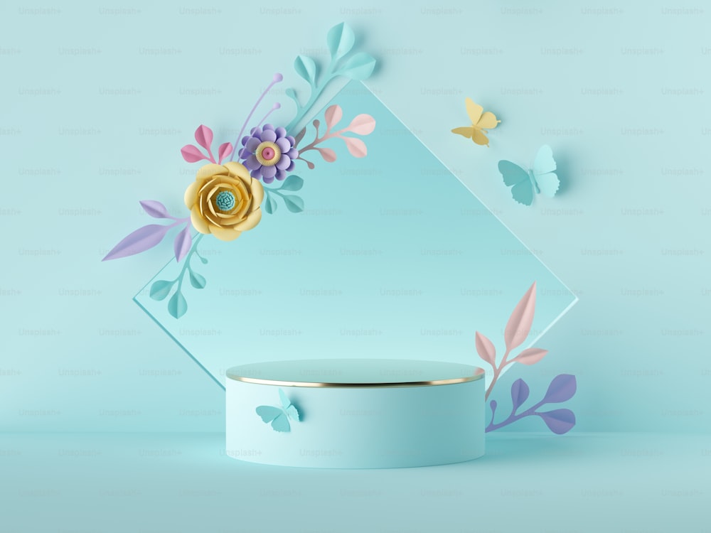 3D-Rendering, abstrakter blauer botanischer Hintergrund. Quadratisches Brett mit bunten Papierblumen, Blumenbogen. Shop-Produktvitrine, leeres Podium, leerer Sockel, runder Ständer. Leeres Poster-Mockup