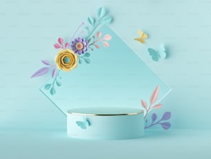 3D-Rendering, abstrakter blauer botanischer Hintergrund. Quadratisches Brett mit bunten Papierblumen, Blumenbogen. Shop-Produktvitrine, leeres Podium, leerer Sockel, runder Ständer. Leeres Poster-Mockup