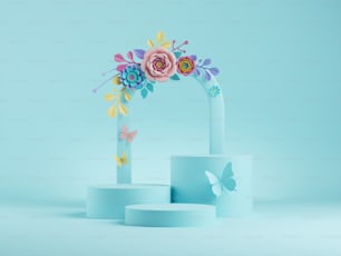 3d render, abstract blue floral background. Botanical arch, frame with colorful paper flowers. Shop product display showcase, empty podium, vacant pedestal, round stage. Blank poster mockup