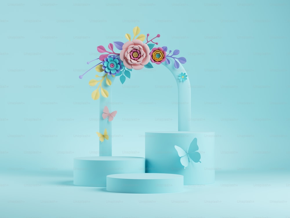 3d render, abstract blue floral background. Botanical arch, frame with colorful paper flowers. Shop product display showcase, empty podium, vacant pedestal, round stage. Blank poster mockup
