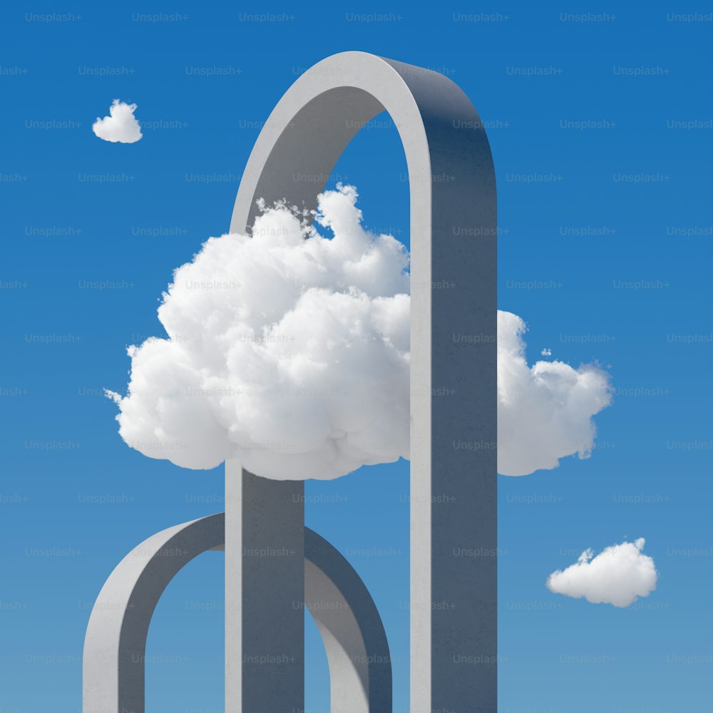 3D-Rendering, abstrakte Wolkenlandschaft An einem sonnigen Tag schweben weiße Wolken unter den runden Betonbögen am blauen Himmel. Minimales surreales Traumkonzept