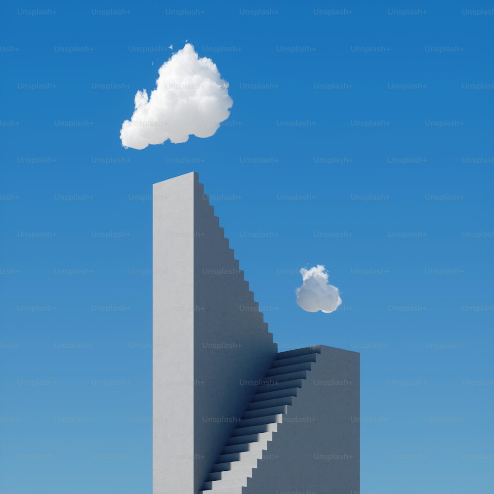 3Dレンダリング、晴れた日の抽象的な雲の風景、白い雲が高いコンクリートの階段の上にぶら下がっている、青い空の下の高層ビル。現代の最小限の超現実的な背景、挑戦のコンセプト