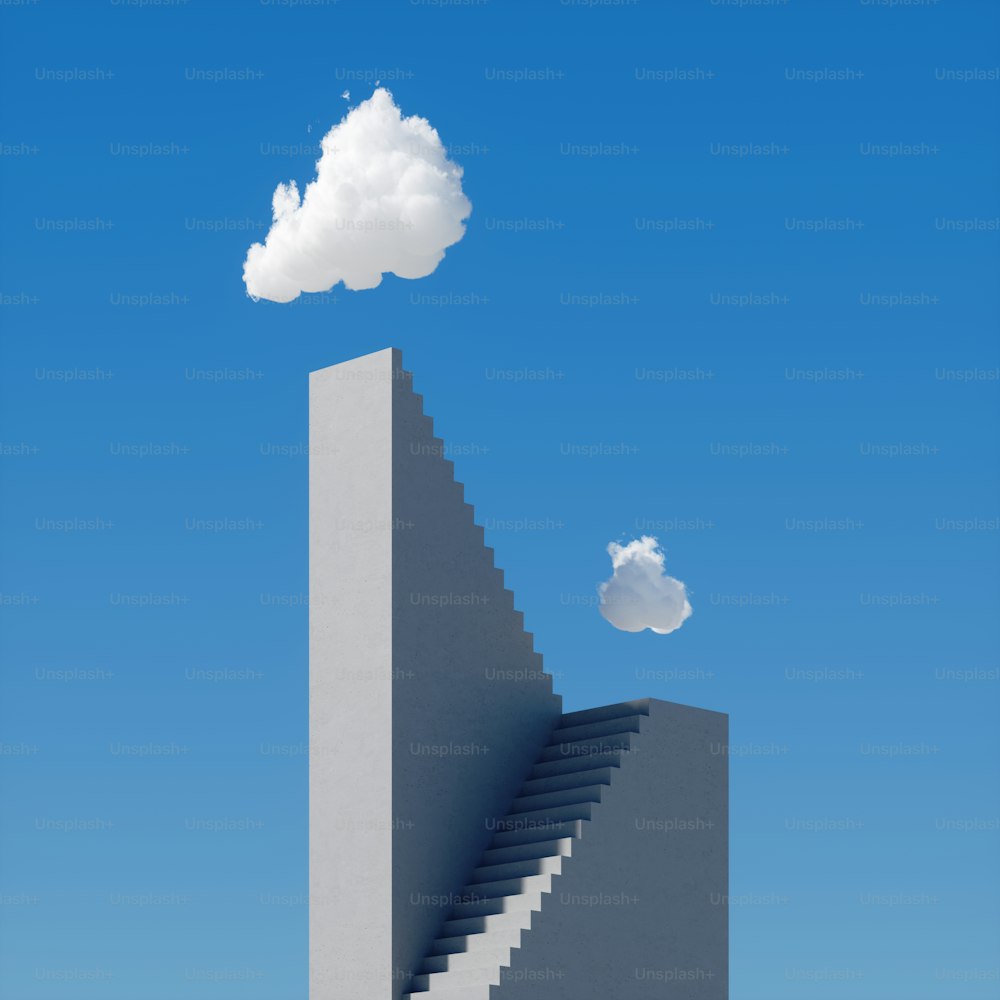 Rendu 3D, paysage nuageux abstrait par une journée ensoleill ée, nuage blanc suspendu au-dessus des hauts escaliers en béton, gratte-ciel sous le ciel bleu. Arrière-plan surréaliste minimaliste moderne, concept de défi