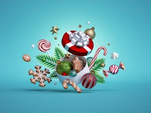 3d 렌더링, 크리스마스 축제 라운드 선물 상자, 전나무 나뭇가지, 진저브레드 쿠키, 파란색 배경에 격리된 공 장식품으로 장식되어 있습니다. 공중에 떠 있는 물체