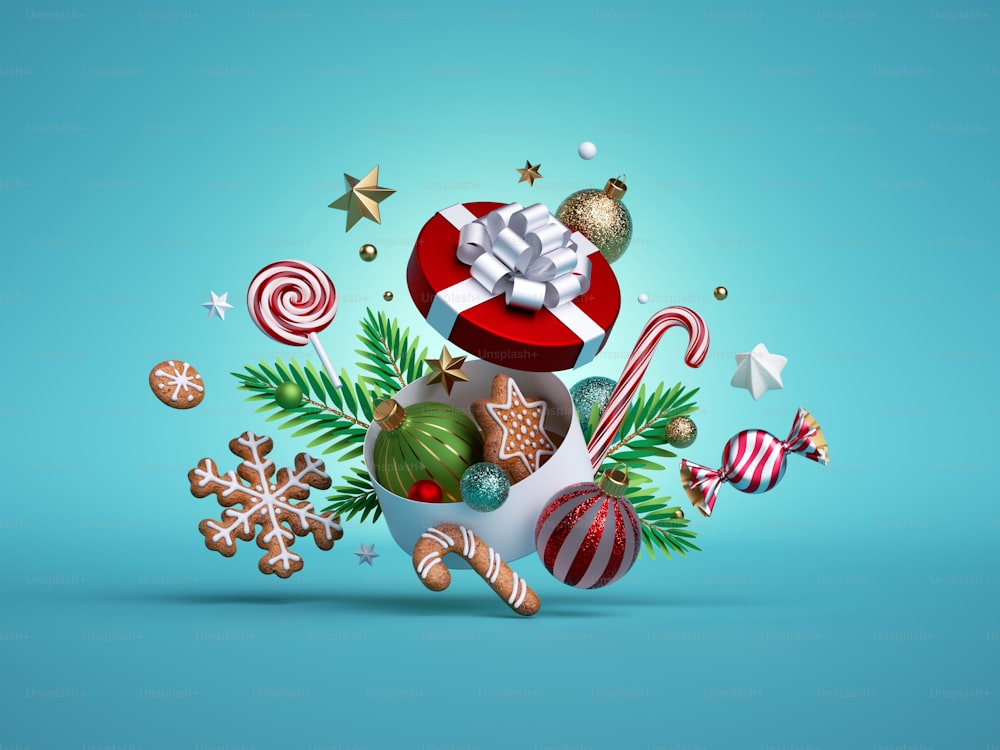 3d render, caixa de presente redonda festiva de Natal, decorada com galhos de abeto, biscoitos de gengibre e bolas ornamentos isolados no fundo azul. Objetos levitam