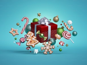 Render 3d, confezione regalo natalizia, decorata con biscotti di pan di zenzero e ornamenti di palline isolati su sfondo blu. Gli oggetti levitano