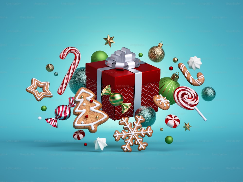 3d render, Christmas festive gift box, decorated with gingerbread cookies and balls ornaments isolated on blue background. Objects levitate