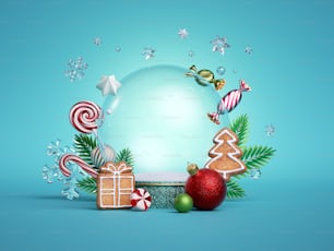 Render 3d, fondo azul navideño con bola de vidrio translúcido, decorado con ramitas de abeto, galletas de jengibre, bolas, adornos y dulces