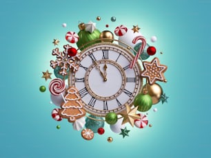 Rendering 3d, l'orologio di Natale mostra cinque minuti prima della mezzanotte. Ornamenti di assortimento: biscotti di pan di zenzero, caramelle al caramello, bastoncino di zucchero, palline di vetro. ClipArt festiva isolata su sfondo blu