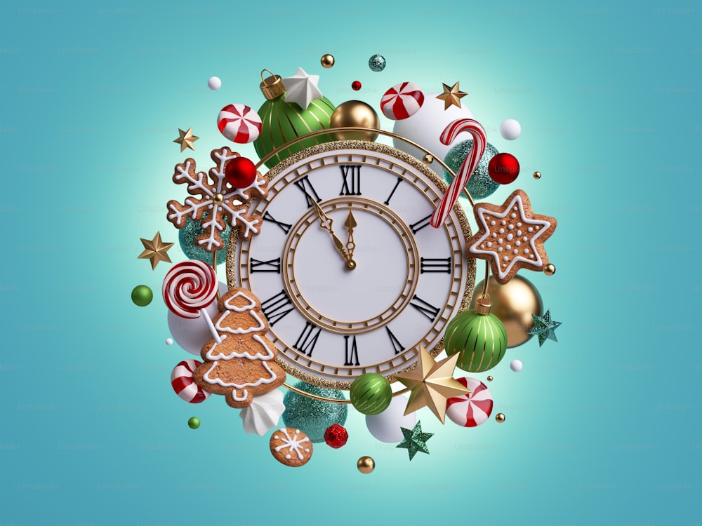 Renderizado 3D, el reloj de Navidad muestra cinco minutos antes de la medianoche. Surtido de adornos: galletas de jengibre, caramelos, bastón de caramelo, bolas de vidrio. Imágenes prediseñadas festivas aisladas sobre fondo azul