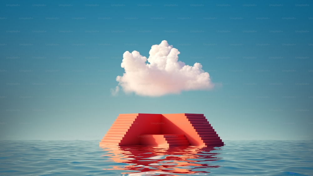 3Dレンダリング、抽象的な最小限の背景に赤い階段の空の台座、青い空と水に白い雲。製品プレゼンテーションのためのシンプルなショーケース