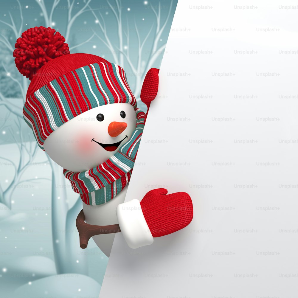 3d snowman holding holiday blank page template, Christmas background illustration