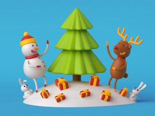 3Dレンダリング、デジタルイラスト、雪だるまと鹿がモミの木を飾る、お祝いのクリスマスブルーの背景、ホリデーグリーティングカード