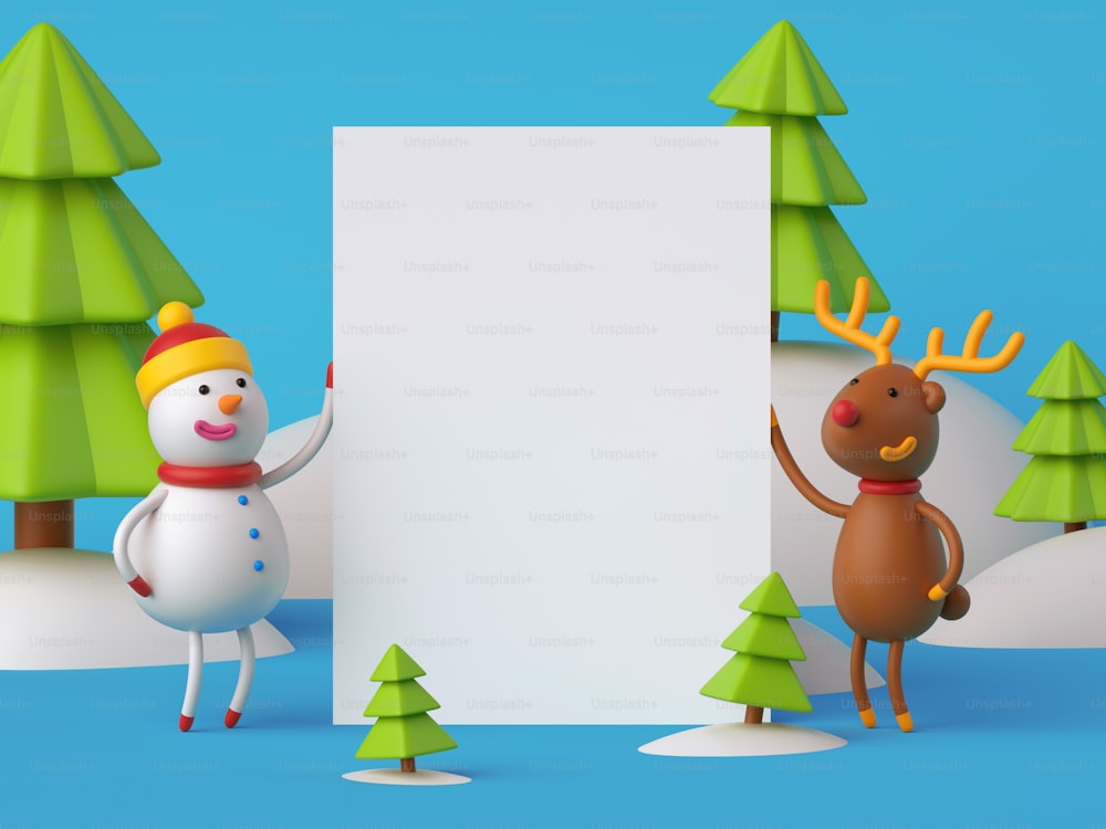 3Dレンダリング、デジタルイラスト、空白のバナーを持つ雪だるまと鹿、お祝いのクリスマス背景、ホリデーグリーティングカード