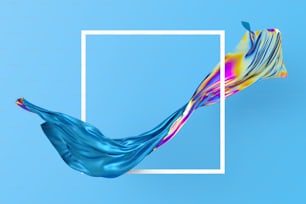renderização 3d, fundo de moda abstrata, revelando tecido multicolorido, folha holográfica iridescente, papel de parede criativo mínimo, espaço de cópia, pano dobrado caindo, quadro quadrado branco, isolado em azul