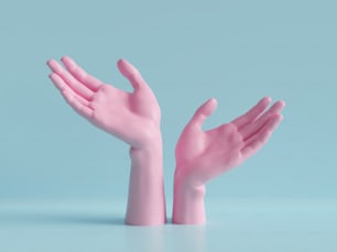 3d render, mãos femininas isoladas, exposição de joalheria, fundo de moda minimalista, partes do corpo do manequim, mãos que ajudam, show, apresentação, cores pastel azul rosa
